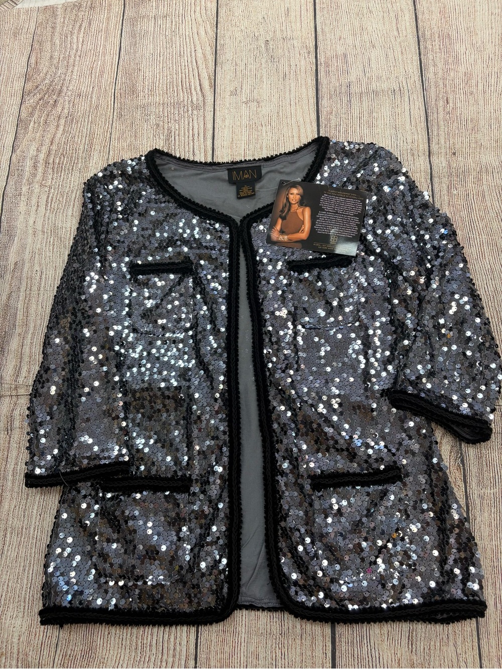 😍 NWT IMAN Sequin Jacket in Silver and Black